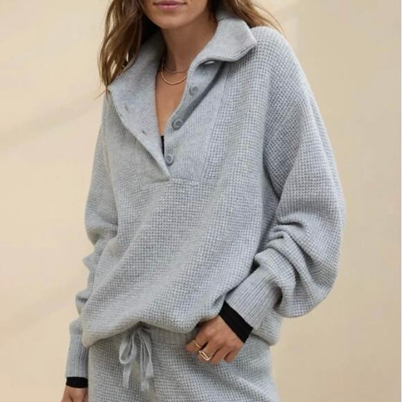 aerie Sweaters - Aerie CozyUp Waffle Button Sweater Oversized Button Up Heather Gray